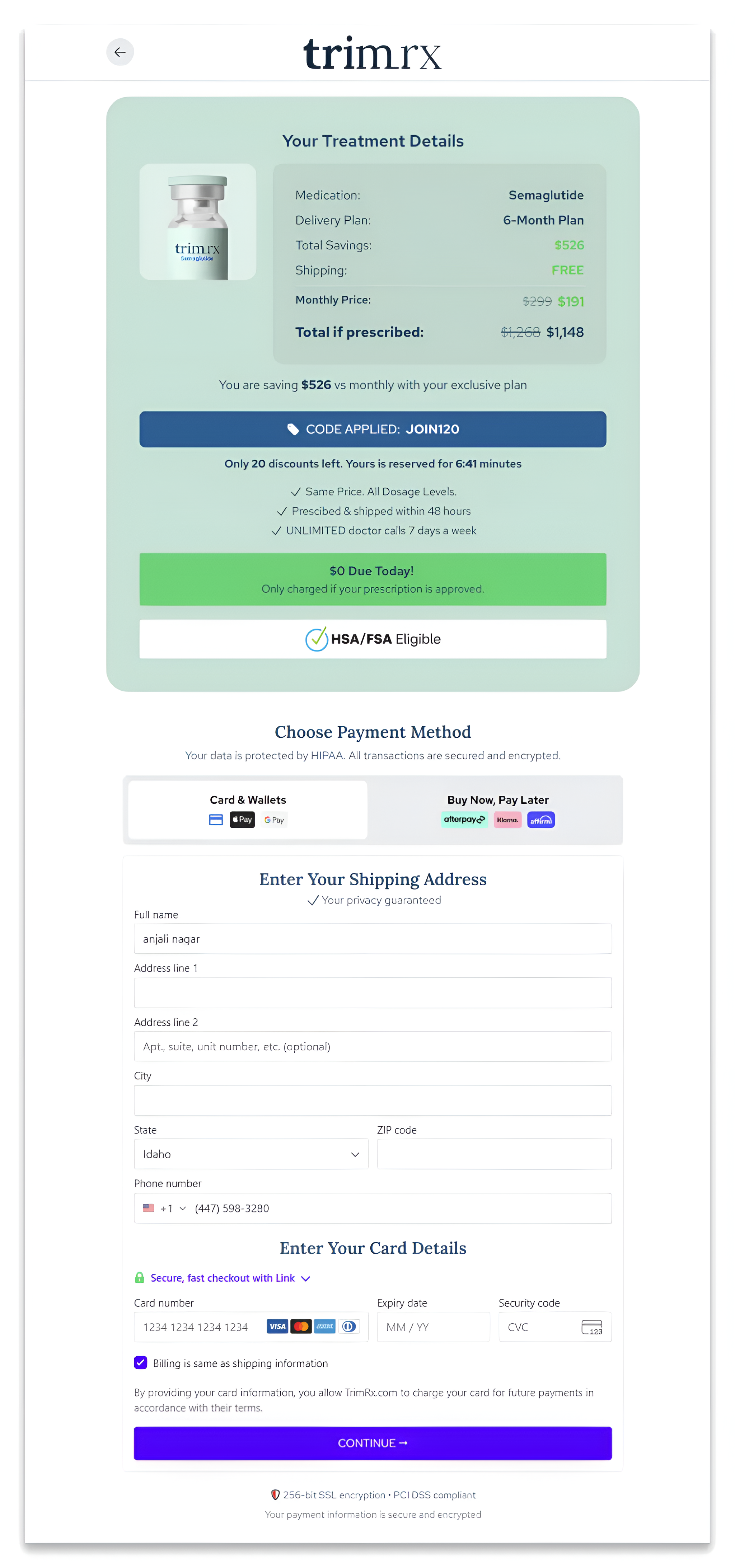 checkout page of trimrx